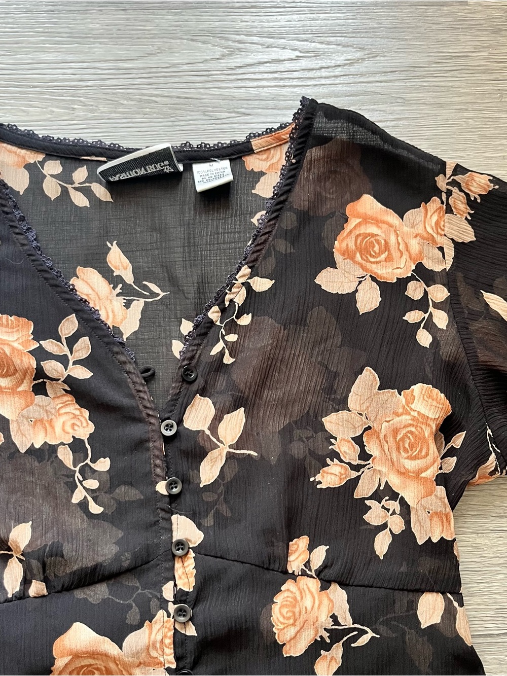 Y2K Whimsygoth Sheer Button Front Blouse with Peach Floral Print - Picture 2 of 6